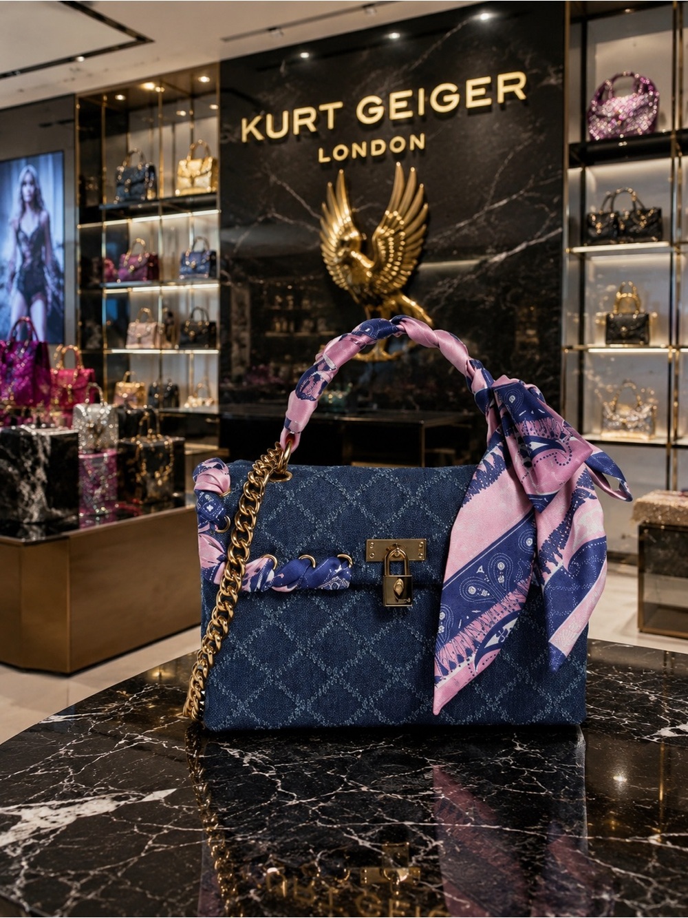 Kurt Geiger Navy Quilted Shoulder Bag with Pink Scarf Accent